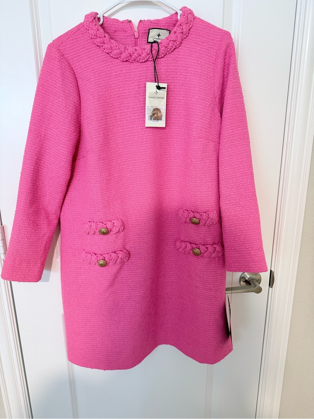 Tuckernuck Bright Pink Braided-Trim Bouclé Dress - great deal